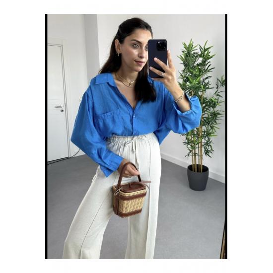 Cămașă de damă cu buzunar supradimensionat, cu umăr în jos