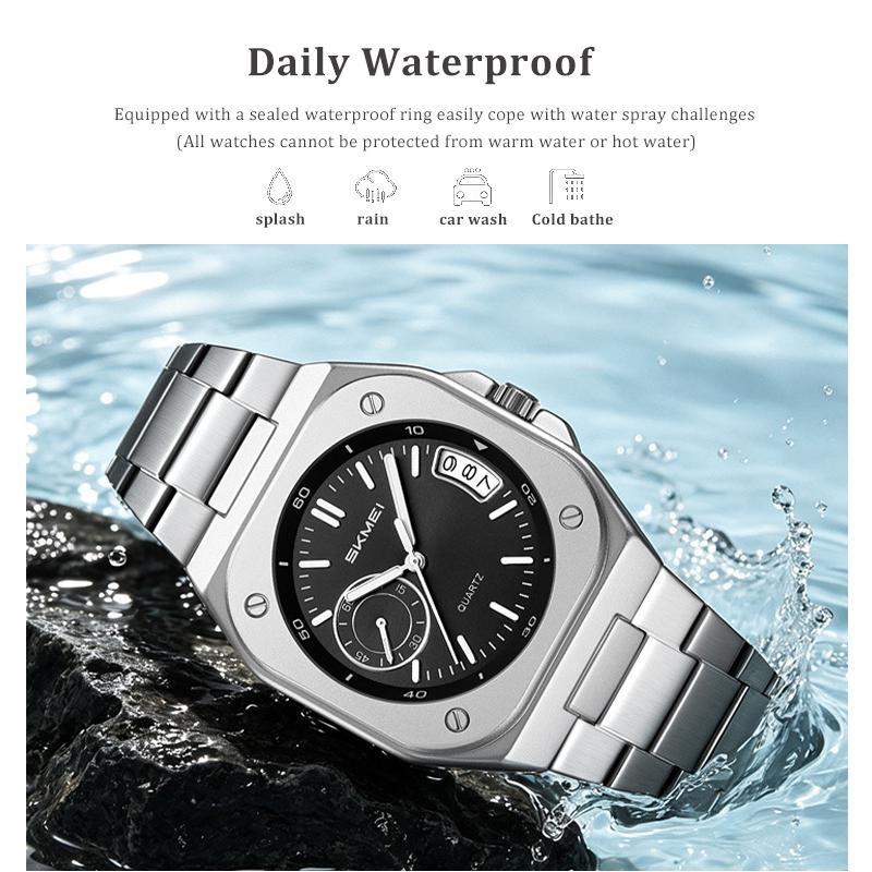 Mens Analog Quartz Wrist Watch Waterproof Luminous Dial Calendar Window Steel Band Square Dress Watches