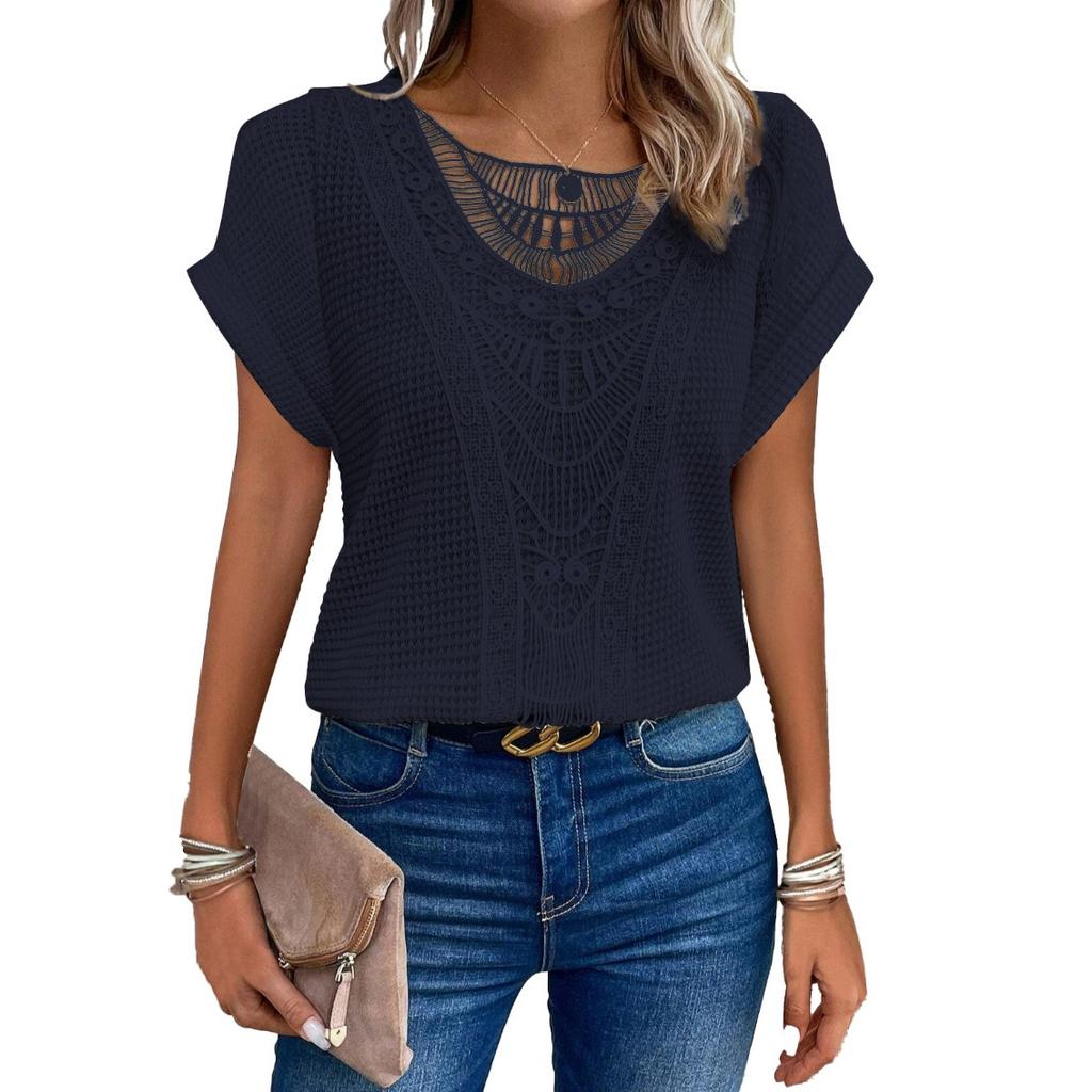 GMXIA Spring Summer Lace Stitching Short Sleeve T-shirt for Women