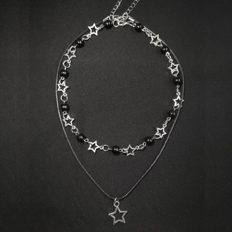 Unique Hollow Star Necklace with Black Bead PU Leather Rope Choker Double Layered Clavicle Chain for Trendy Women