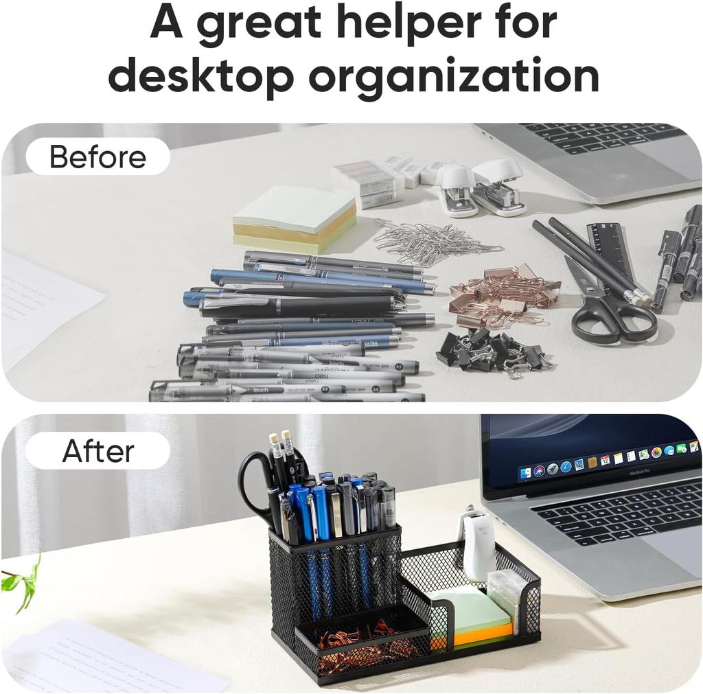 Black Mesh Desk Organizer - 3 Compartments With Pen Holder & Storage Baskets, Tame Office Supplies Clutter Fast