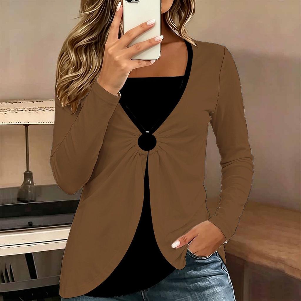 Tops for Women Simple Print Long Sleeve Fake Two‑Piece Top Fall Casual Slim Pullover Women's Long Sleeve Top