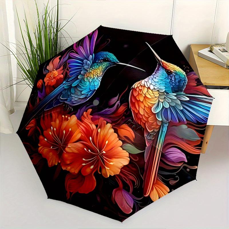 1pc Colorful Hummingbirds Amidst Vibrant Flowers Durable Cartoon Folding Umbrella,Compact Umbrella for Men and Women, Suitable for or Daily Use.N018