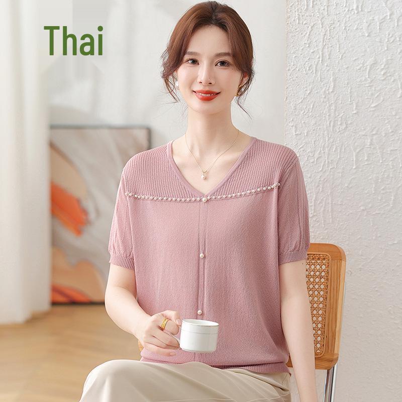 

2026 Summer Ice Silk V-Neck T-Shirt for Moms – Thin, Short-Sleeved Knit Top for Middle-Aged Women L (for 80-100 lbs)