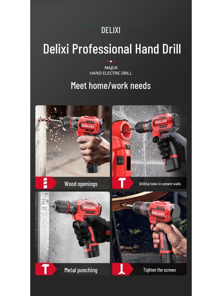 Delixi Rechargeable Brushless Impact Drill & Screwdriver with Lithium Battery for Household Use