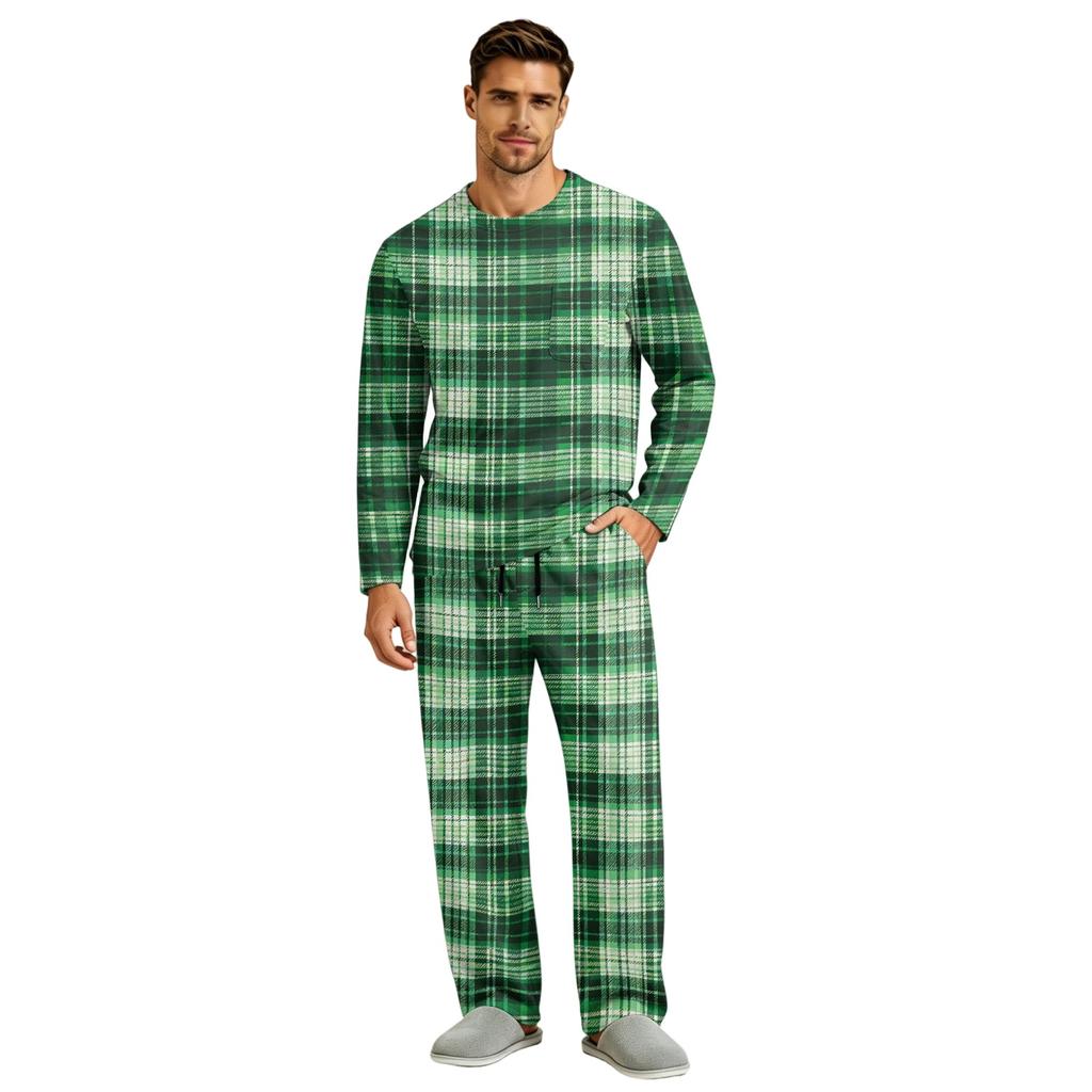 Men's Long Sleeve Pajama Set with Button Crotch and Elastic Drawstring Waist for Home Comfort
