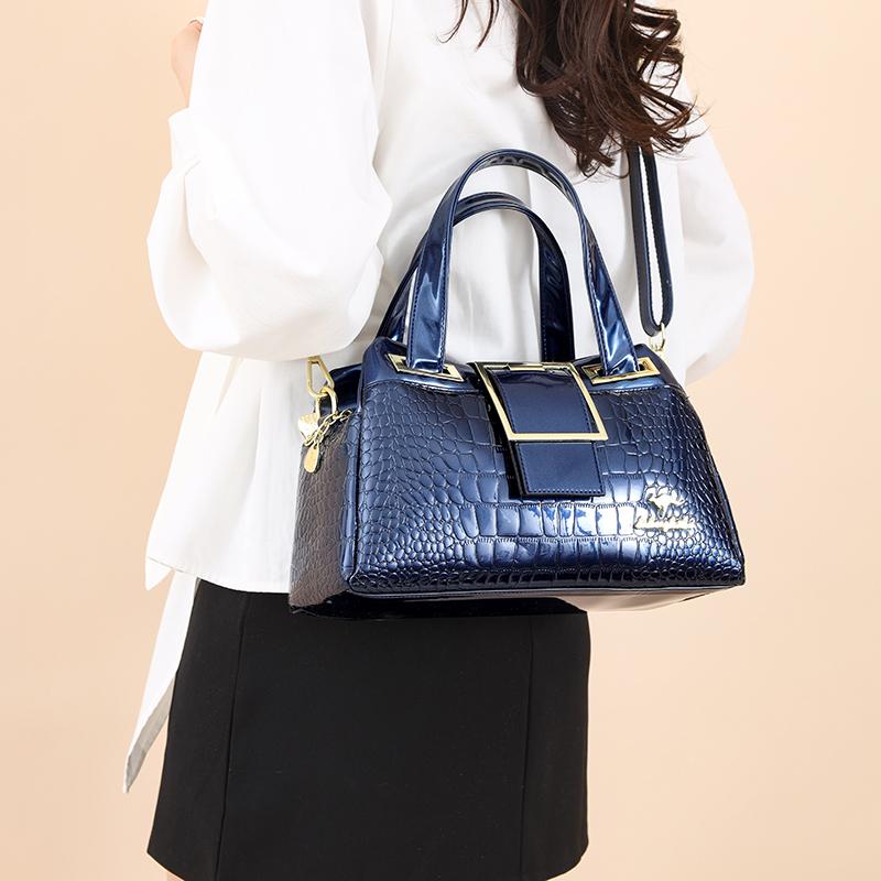 Women’s Crocodile Texture Top Handle Bag with Gold Buckle Casual Chic Shoulder Handbag for Daily Office Use