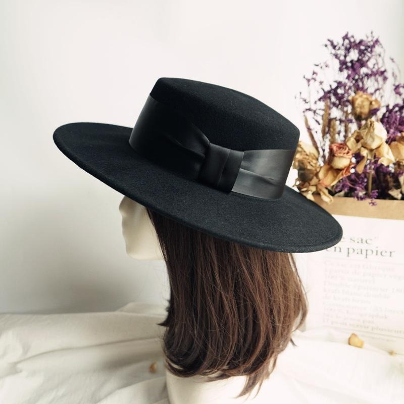 Foreign Trade Export Black Bow Big Eaves Flat Top Top Hat For Men And Women Autumn And Winter Wool British Retro Panama Felt