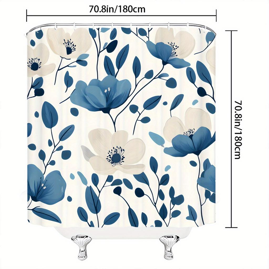 Blue and White Peonies Shower Curtain - Digital Drawing, Seamless Flowers On Cream, Modern Minimalist Bath Décor