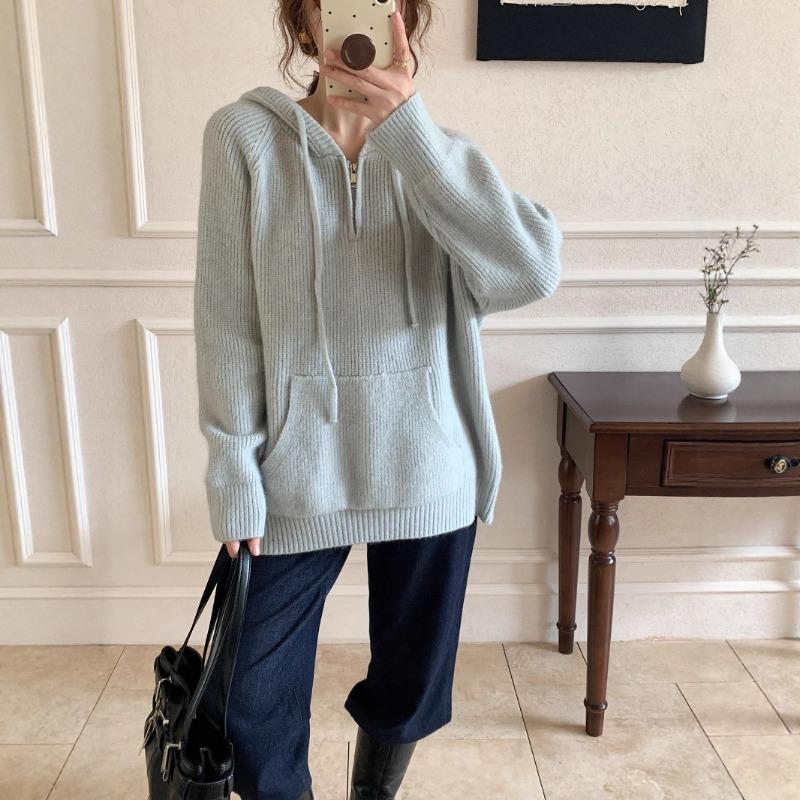 Autumn and Winter New Pullover Sweater Women's Half Zipper Hooded Casual Lazy Wind Outside Knitted Sweater Top