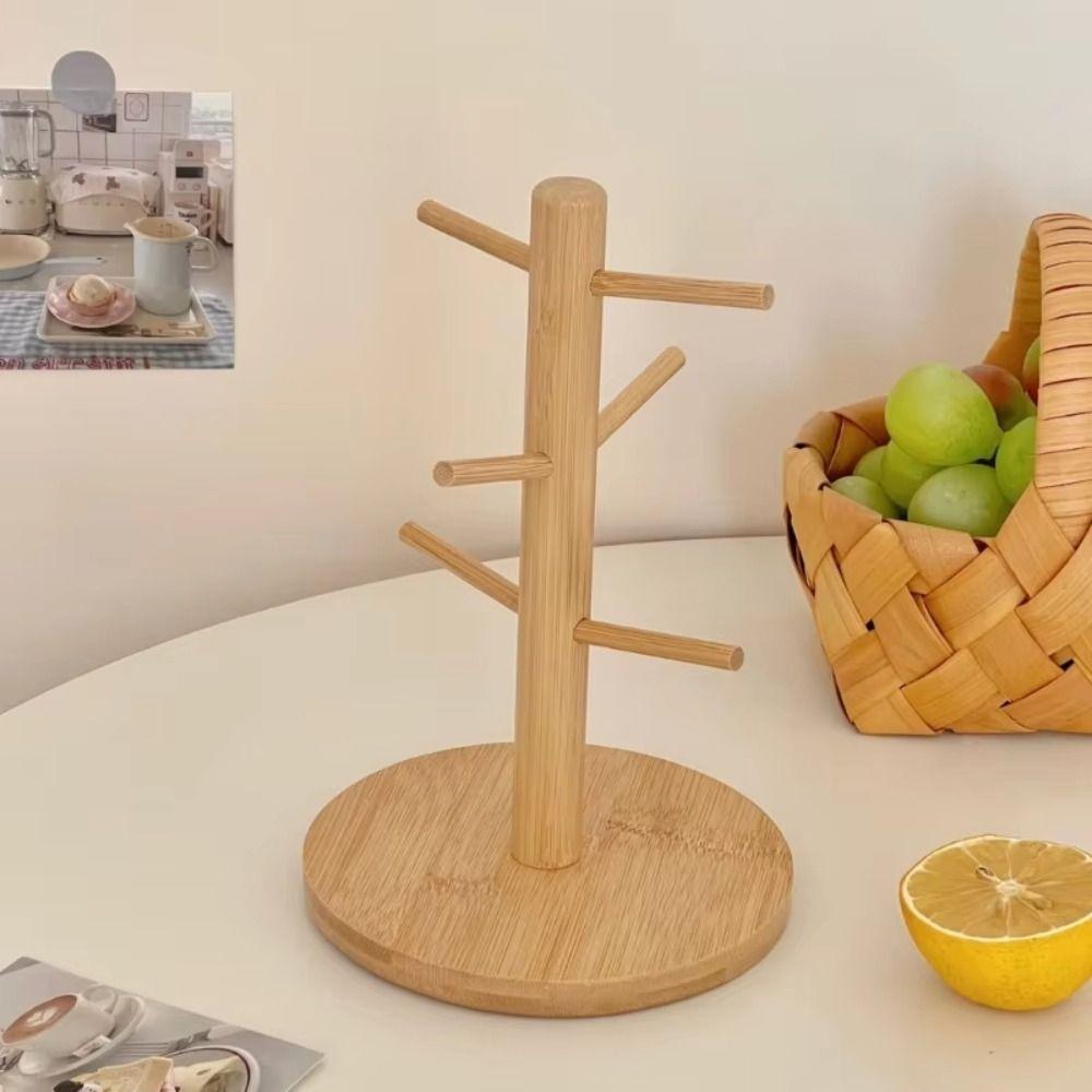 6 Hooks Bamboo Coffee Cup Holder Thickened Base Wood Material Coffee Cup Rack Sturdy Design Tree Shape Cup Storage Holder