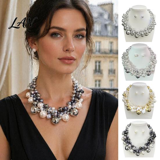 Faux Pearl Choker Necklace 1 Set Chunky Jewelry, Beaded And V-neck Accessory Earrings, Metallic for Women Dinner Parties Wedding Collarbone Enhancing
