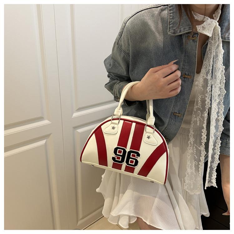 New Japanese Style Faux Leather Boston Bag for Women, Trendy Handheld Shoulder Crossbody Purse, Racing Style Bowling Handbag CLE