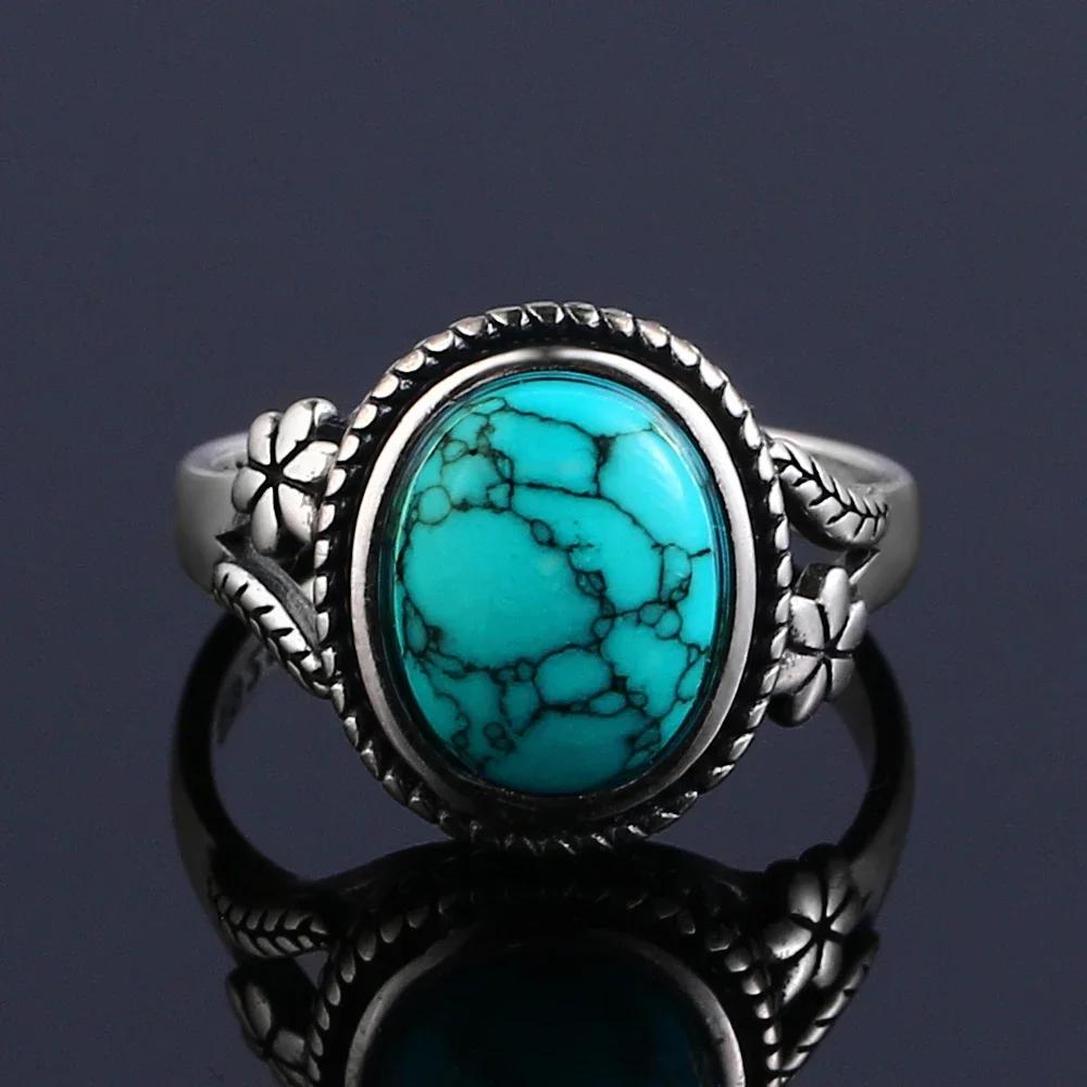 S925 Silver Vintage Ring With Natural Turquoise Stone Rings Oval and Round Shape Flower Carved Rings For Women Men