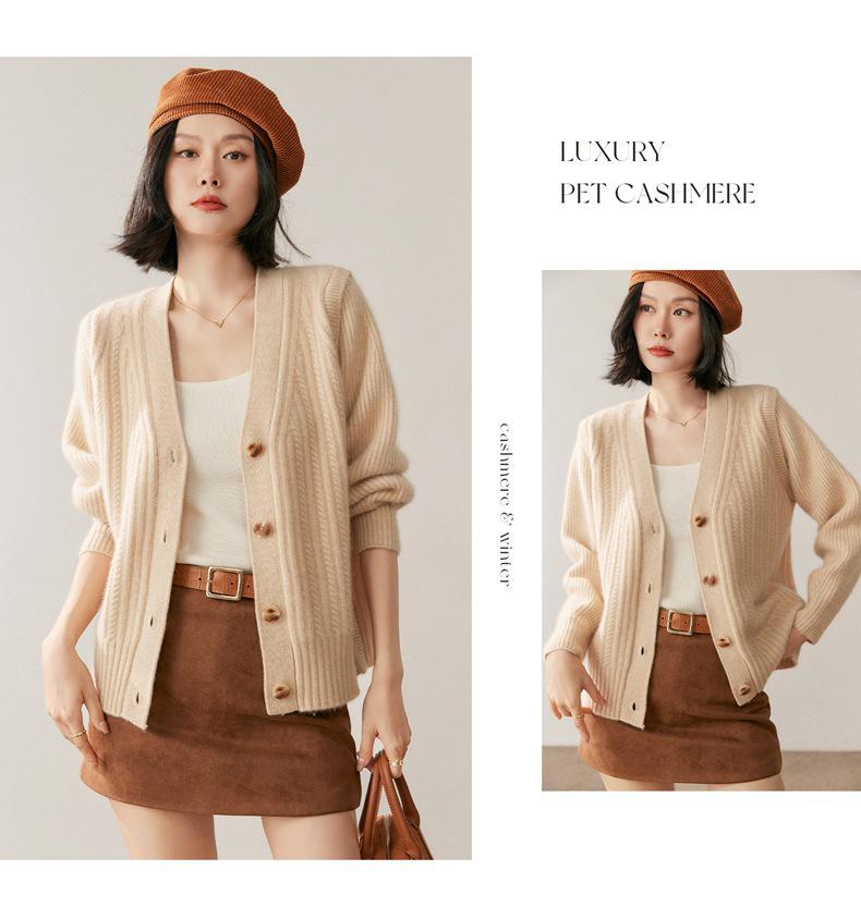 Women's V-Neck Cashmere Cardigan - 2025 Fall/Winter: Ribbed, Gentle, Slimming, Loose-Fit Short Jacket