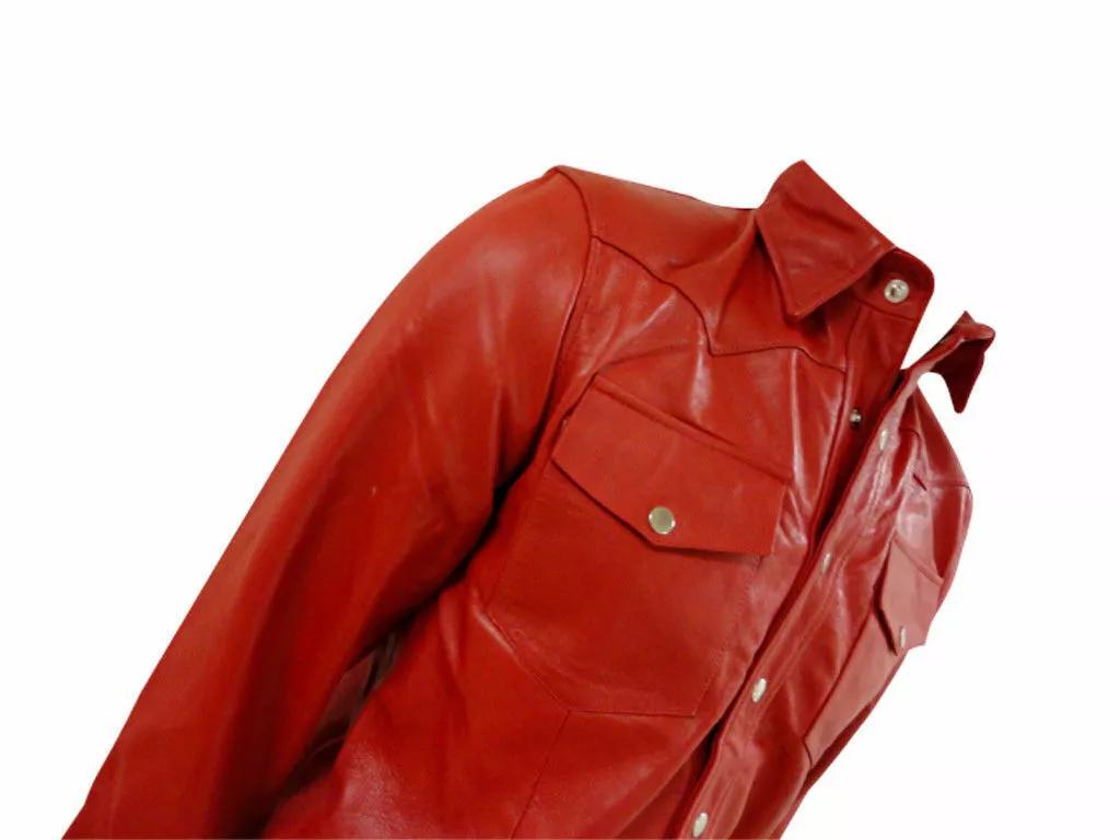 

Красная рубашка формальная повседневная ручная работа 100% чистая кожа овчина мужская стильная классика XL красный