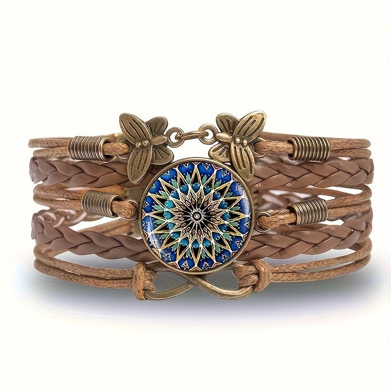 Yoga Mandala Flower Bracelet Female Vintage Handwoven Multilayer Leather Hand Rope Time Gem Butterfly Hand Jewelry