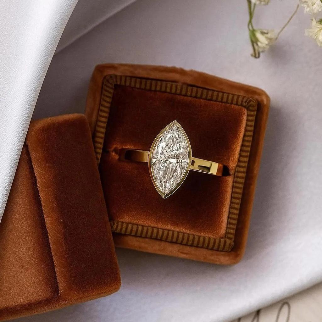 2CT Marquise Cubic Zirconia Engagement Ring: Yellow Gold Plated Victorian Wedding Ring: Solitaire Gemstone Bridal Jewelry Gift for her