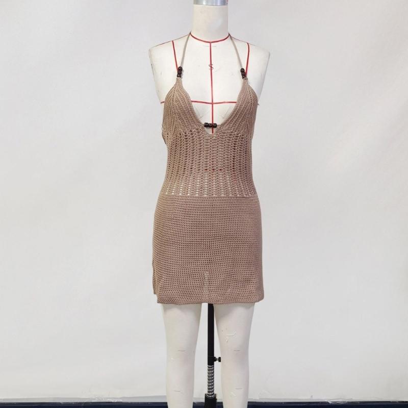 Knitting Tied V Neck Halterneck Backless Tied Up Beach Dress Adjustable Summer Outfit For Women Swimwear Cover Up