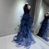 Blue evening dress, morning robe, skirt, light luxury, niche host, birthday bar mitzvah, vocal art test, violin performance clothes