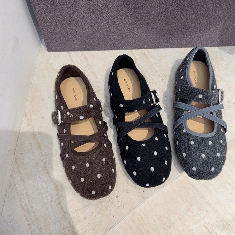 Autumn sweet wind non-slip bow ballet single shoes polka dot cross strap Mary Jane shoes