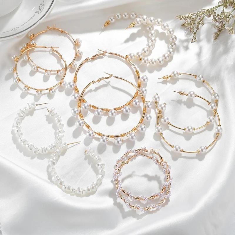 5 Style Imitation Pearl Large Hoops Earrings Luxury Pearl Round Loop Earring For Women Weding Creole Jewelry Pendientes Aros