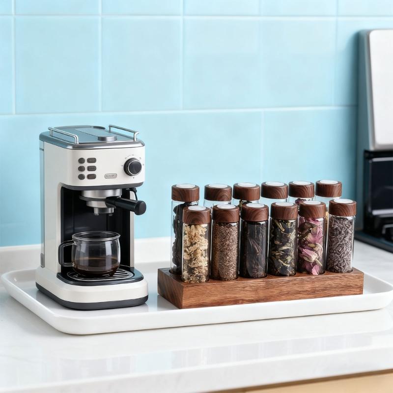 Premium Coffee Dispenser With Borosilicate Glass Container And Natural Wooden Display Stand Coffee Dispenser