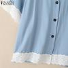 ZANZEA Women Casual V-neck Lace Patchwork Short Sleeve Loose Blouse