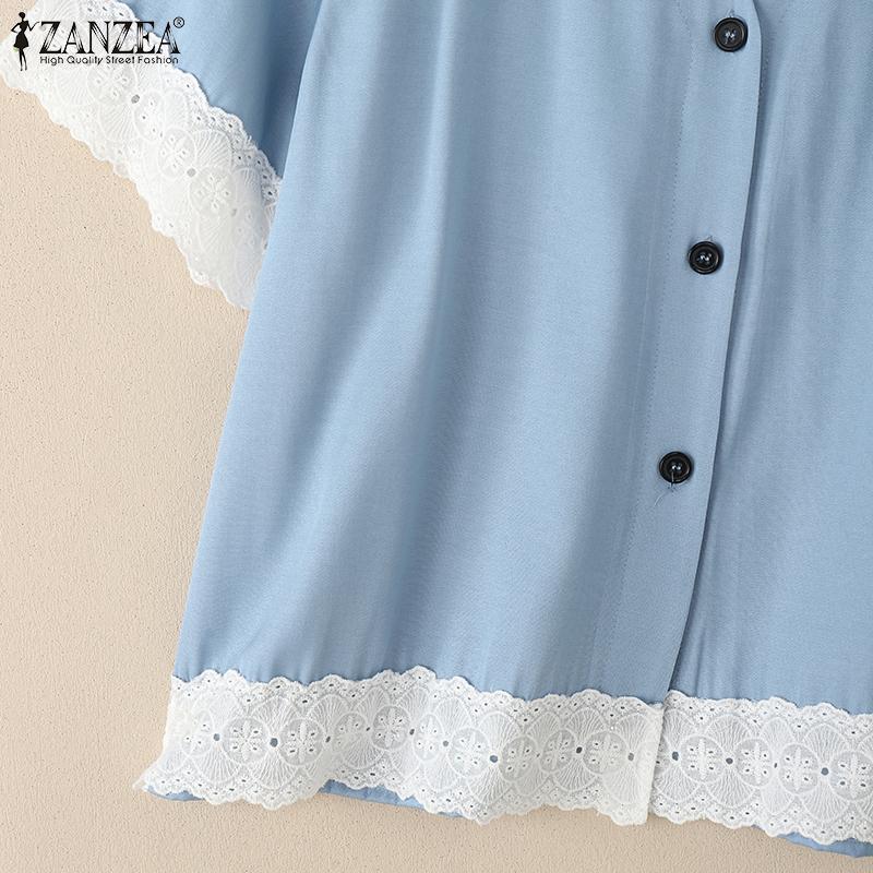 ZANZEA Women Casual V-neck Lace Patchwork Short Sleeve Loose Blouse