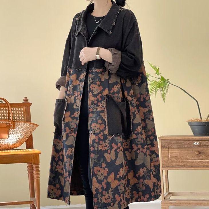 Temperament Vår og Høst Koreansk Dame Midilengde Løs Trykt Søm Denim Vindjakke Jakke Pluss Størrelse