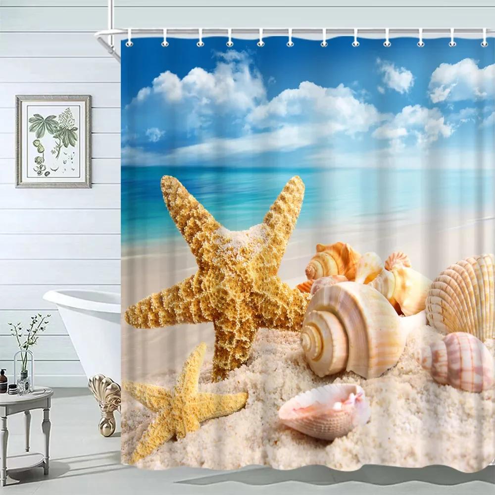 Seashell Shower Curtain Summer Beach Starfish On The Coastal For Bathroom Curtain Polyester Fabric Bathroom Accessories Set