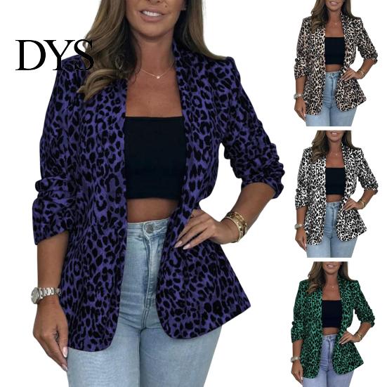Lapel Suit Jacket Women Coat Long Sleeve Single Button Professional Color-Blocked Leopard Print Slim Fit Business Casual Outwear Comfortable