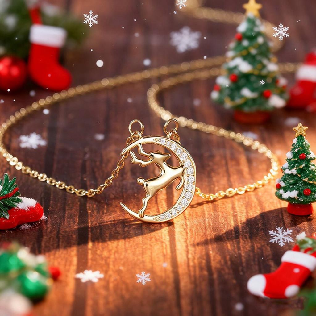 Crescent Moon with Jumping Reindeer Partial Paved Stone Pendant Women Cable Chain Clavicle Necklace
