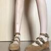 Fashion Retro Pointed Toe Flat Bottom Heightening Soft Leather Mary Jane Shoes Women Brown Rivet Strap Semi-Up Open-Toe Single Shoes