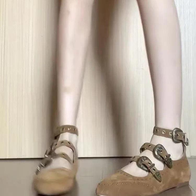 Fashion Retro Pointed Toe Flat Bottom Heightening Soft Leather Mary Jane Shoes Women Brown Rivet Strap Semi-Up Open-Toe Single Shoes
