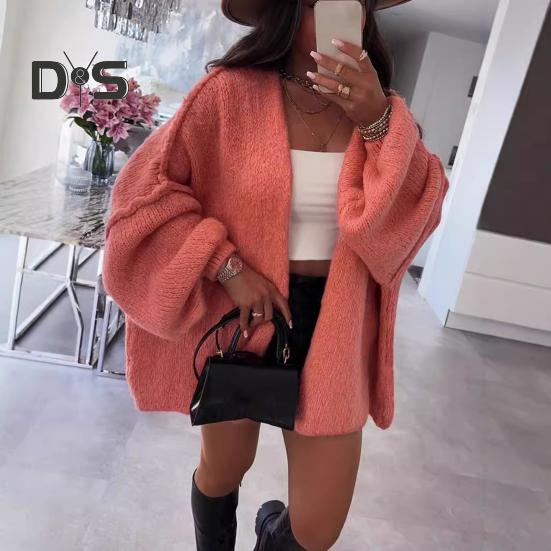 Cardigan feminino lanterna manga longa cor sólida oversized malha cardigan frente aberta leve suéter outwear