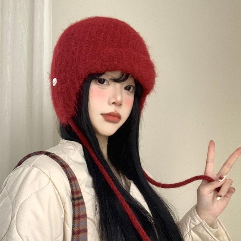 Winter Hat Women's Fleece Ear Protectors Knitted Wool Hat Big Head Circumference Headgear Outdoor Warmth