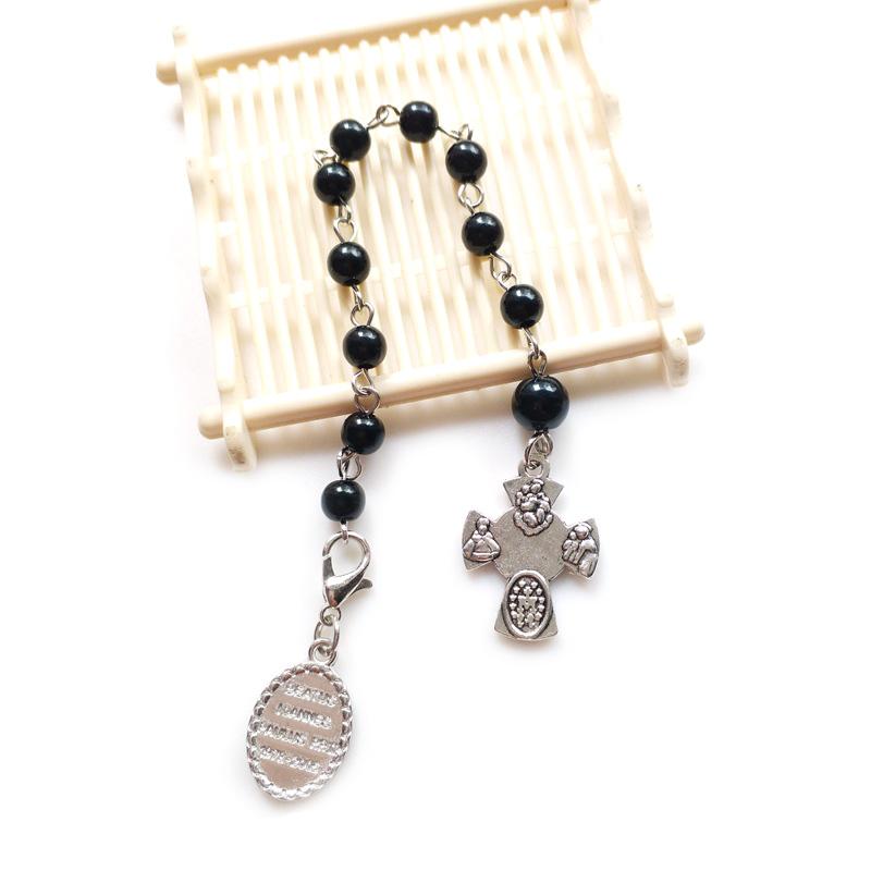 QIGO Vintage Black Glass Rosary Cross Bracelets For Men Women Religious Jewelry