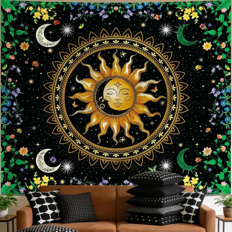 VIKAMA Sun Moon Floral Tapestry, Boho Celestial Flower Print Wall Hanging for Bedroom, Living Room, Dorm & Hippie Home Decor1