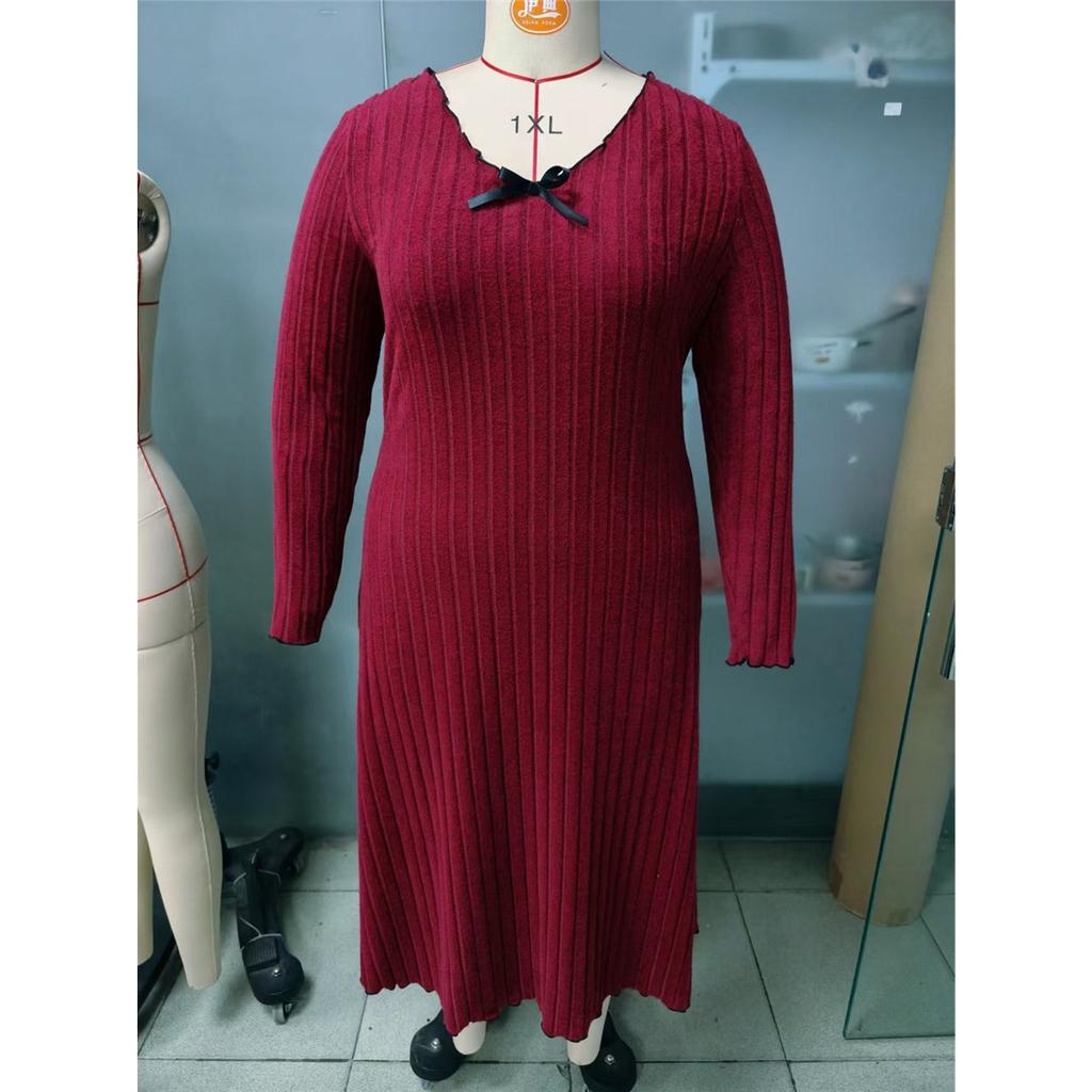 Kvinners avslappet lang kjole med lange ermer V-hals ensfarget treøreringer pluss størrelse kjole