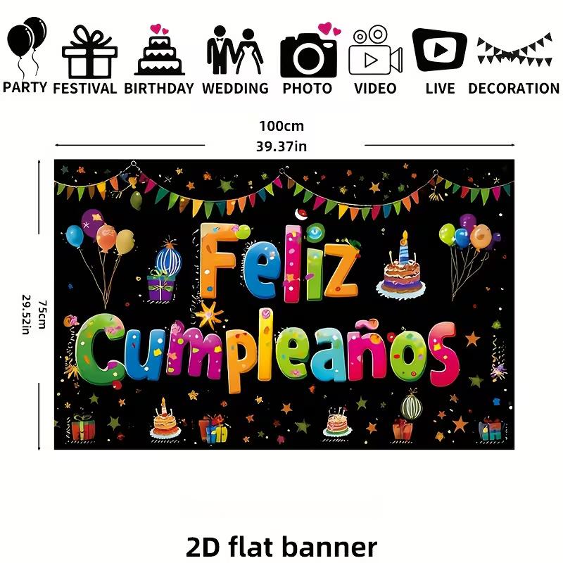 2D Feliz Cumpleaños Birthday Banner Backdrop Kids Colorful Fiesta Party Decor Background