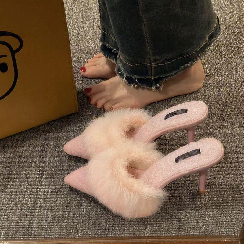 Skinny small slippers summer spring spring French high heels and thin heels, half-towed fluffy slippers, new models look good and increase height