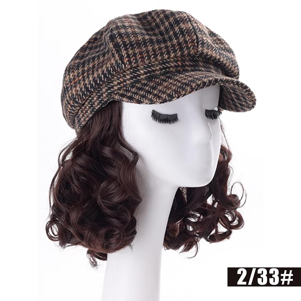 

Synthetic Wig Hat Wig Women Houndstooth Navy Hat Style with Short Curly Hair Suitable for Autumn Winter Daily Festival Wear 32CM темно-коричневого кольору