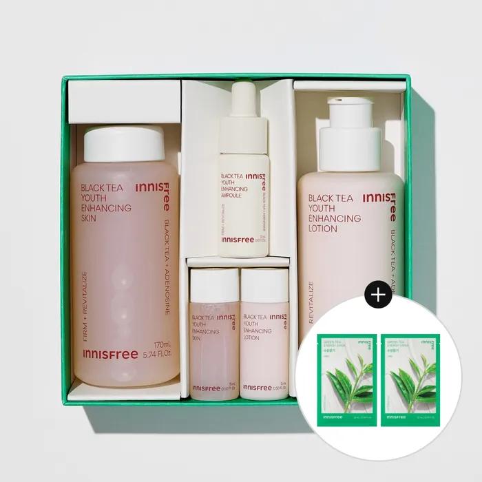 

Набор для ухода за кожей с черным чаем, омолаживающий, 2 предмета + Набор энергетических масок с зеленым чаем, 2 штуки