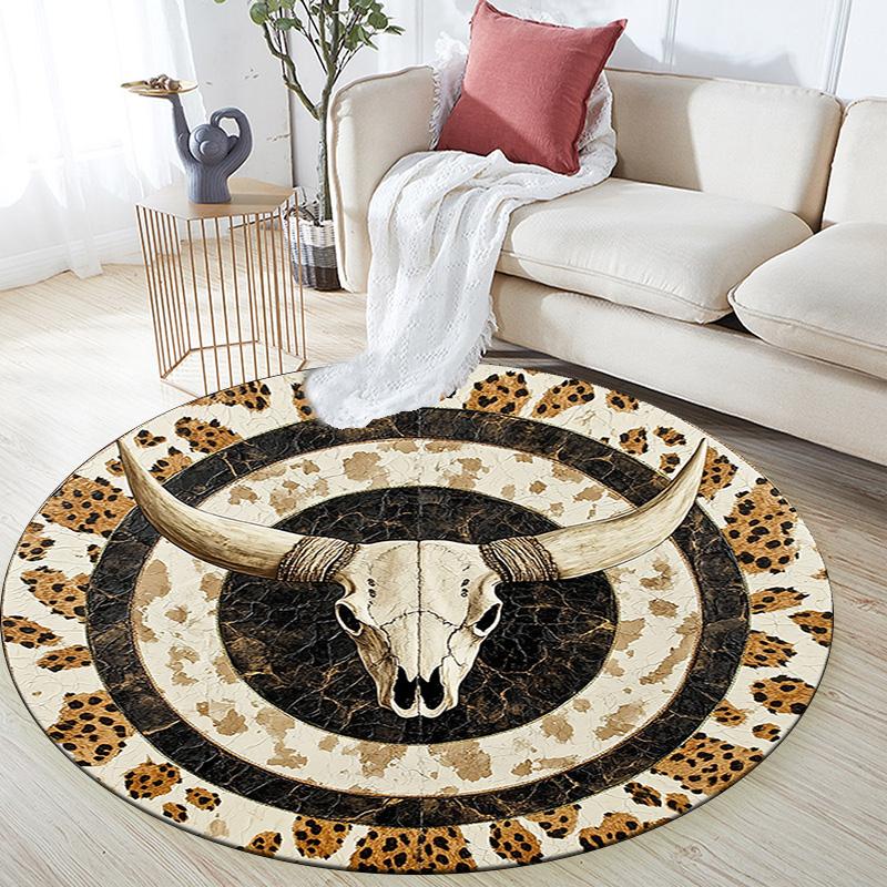 Leopard Print Bull Skull Round Area Rug,Carpet Rug for Living Room Bedroom Sofa Playroom Decor,Non-slip Floor Mat