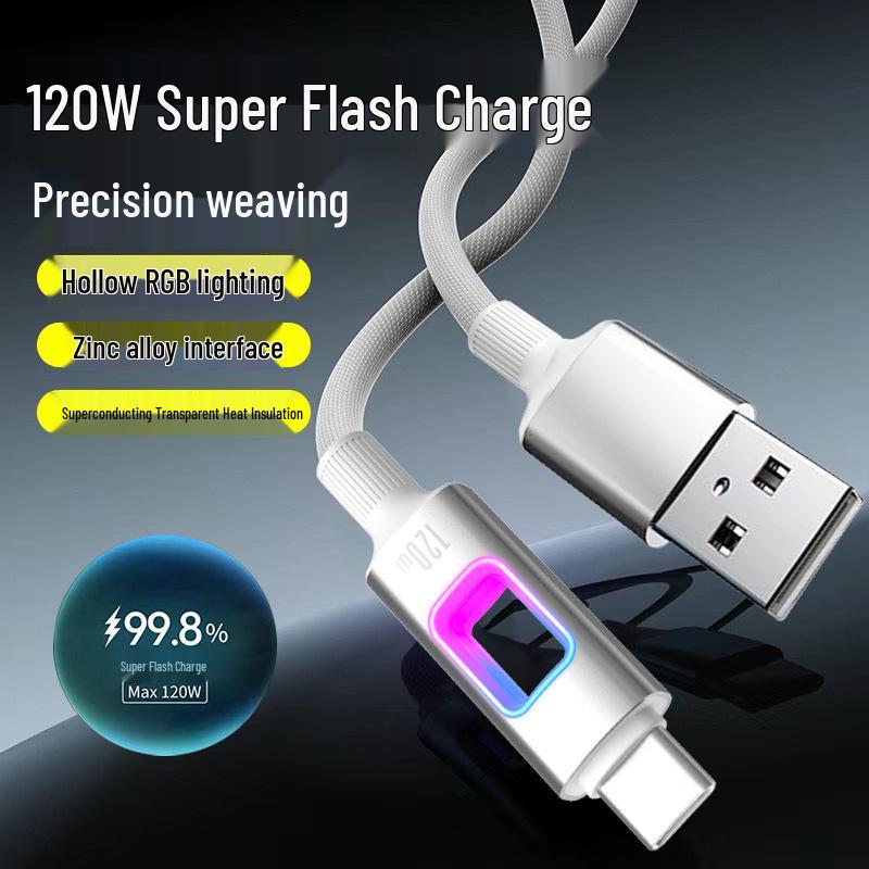 120W Luminous Type-C Cable for Super Flash Charging: Compatible with Apple, Huawei, Vivo, Oppo, and Xiaomi Devices