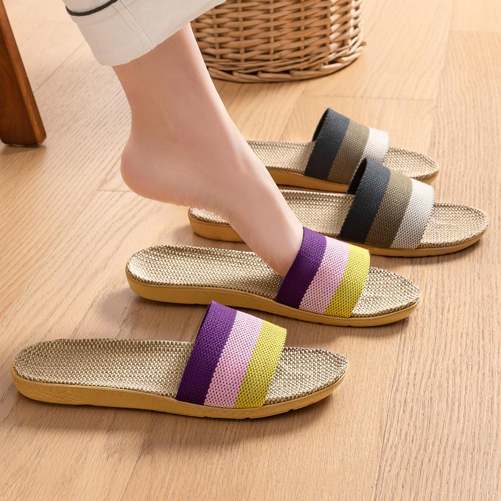 Summer Women Linen Slippers Lightweight Flat Home Slides Fashion Comfortable Non-slip Slippers Indoor Men Living Room Slippers