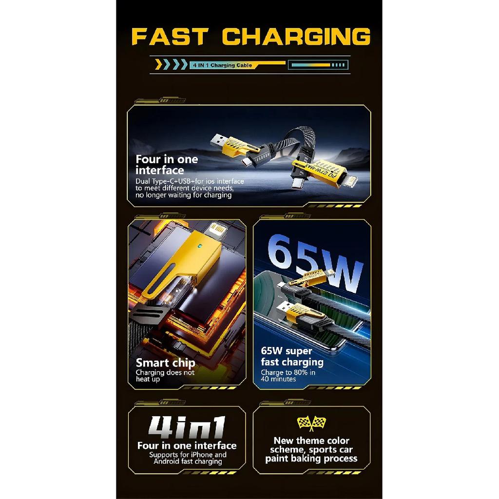 65W 4-in-1 Fast Charging PD QC Mecha Cable USB C Multi-Port Quick Charge Wire For Android iPhone XS 11 12 13 14 15 16 17 Pro Max