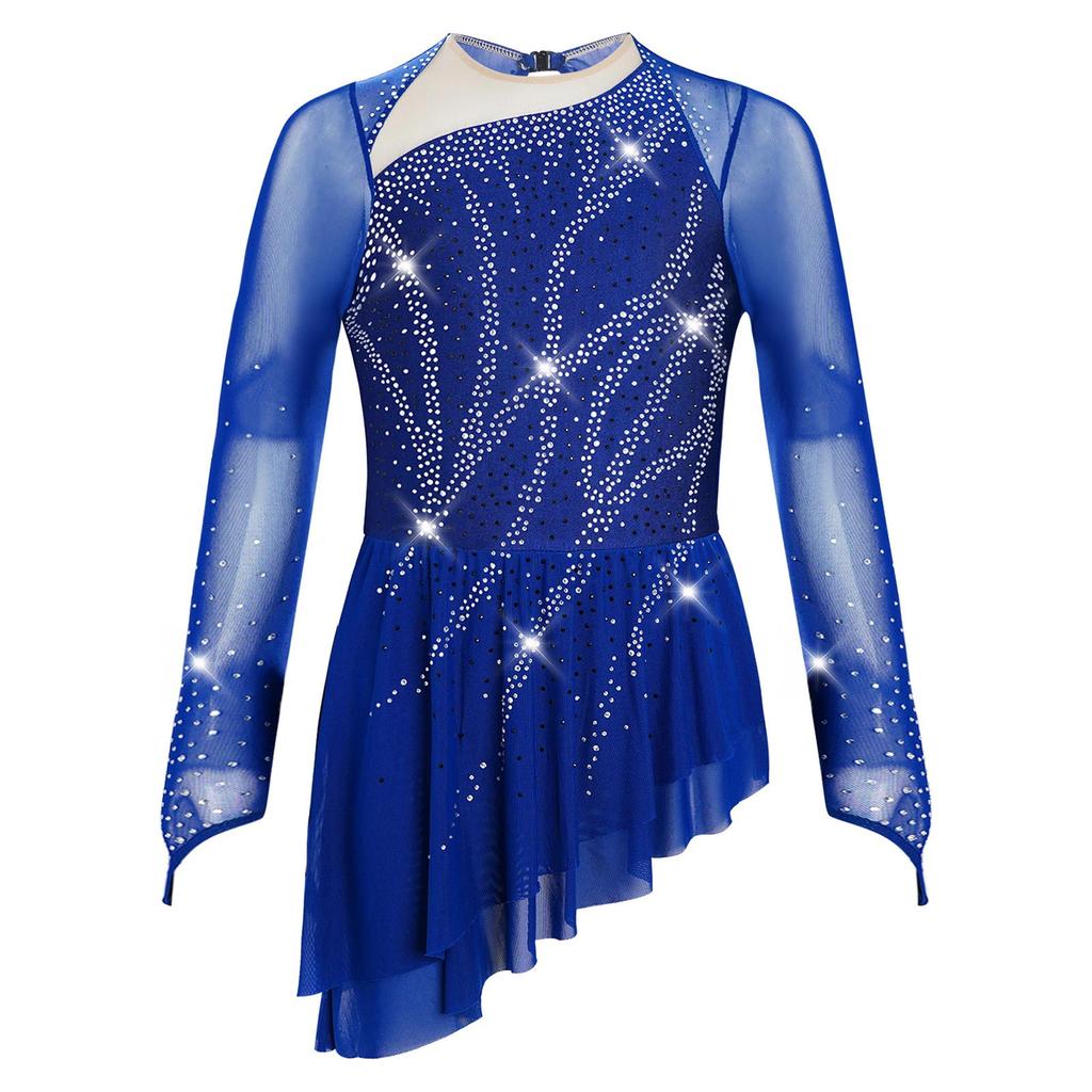 Girls Sparkly Rhinestones Dance Dress Mesh Long Sleeves Cutout Back Asymmetric Hem Figure Skating Dress