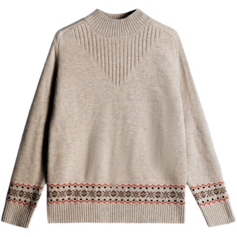 Autumn Winter Inner Love Jacquard Loose Fitting Half High Collar Long Sleeves Sweaters Women Clothing